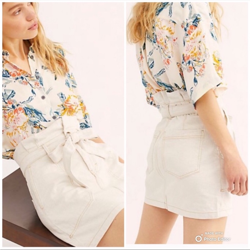 (NO BELT) Free People Splendor in the Grass Oatmeal Paper Bag Mini Skirt Size 8 - Picture 4 of 11